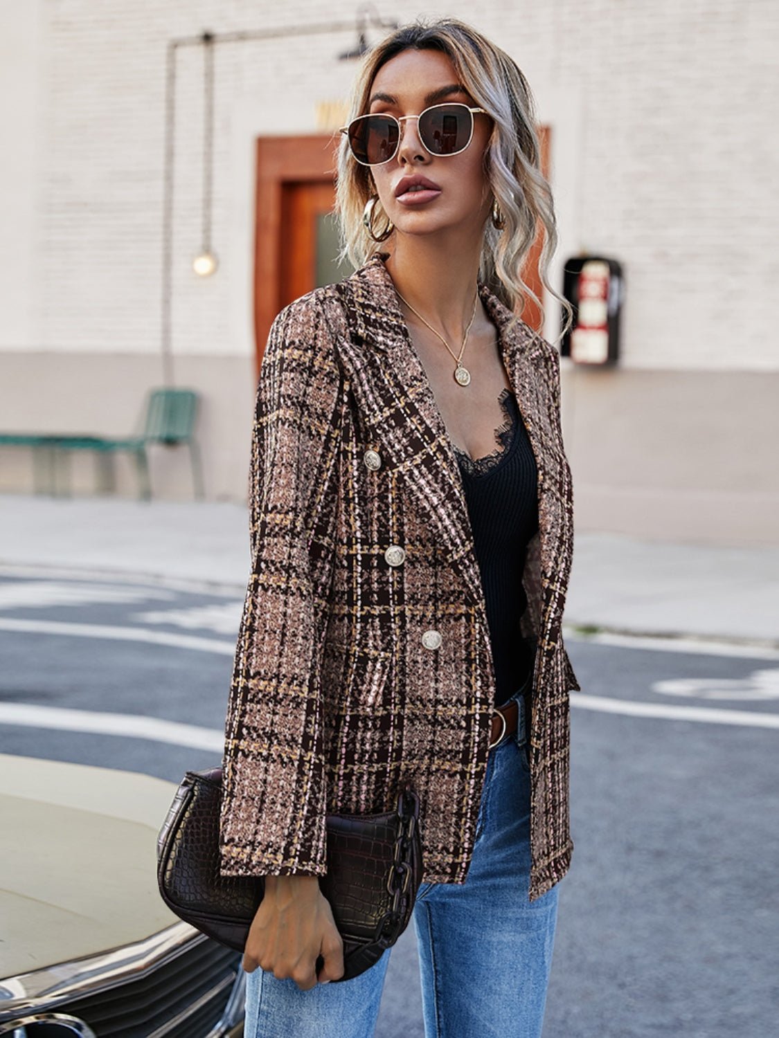 Plaid Lapel Collar Blazer - Dear Autumn