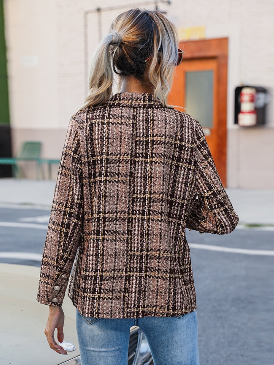 Plaid Lapel Collar Blazer - Dear Autumn