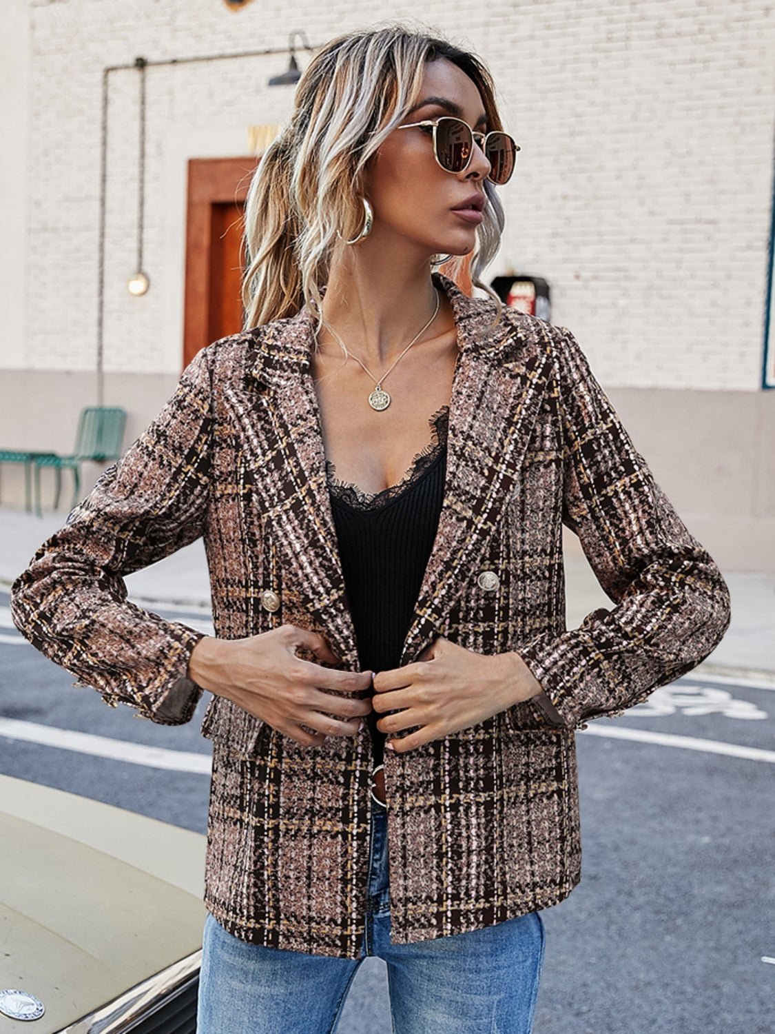 Plaid Lapel Collar Blazer - Dear Autumn