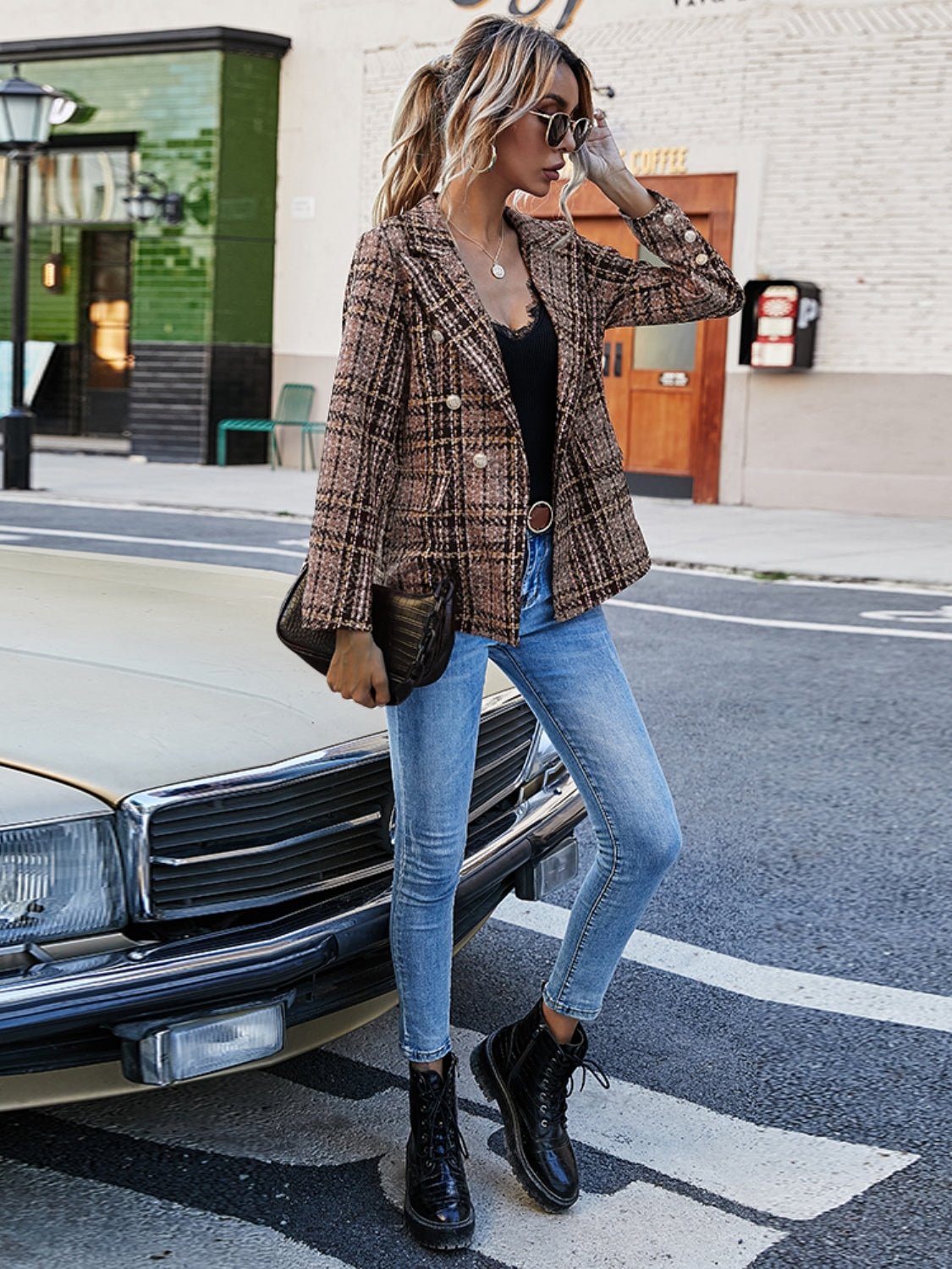 Plaid Lapel Collar Blazer - Dear Autumn