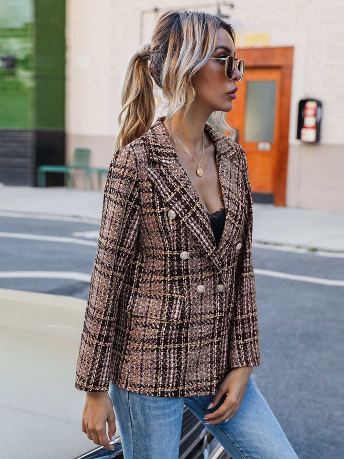 Plaid Lapel Collar Blazer - Dear Autumn