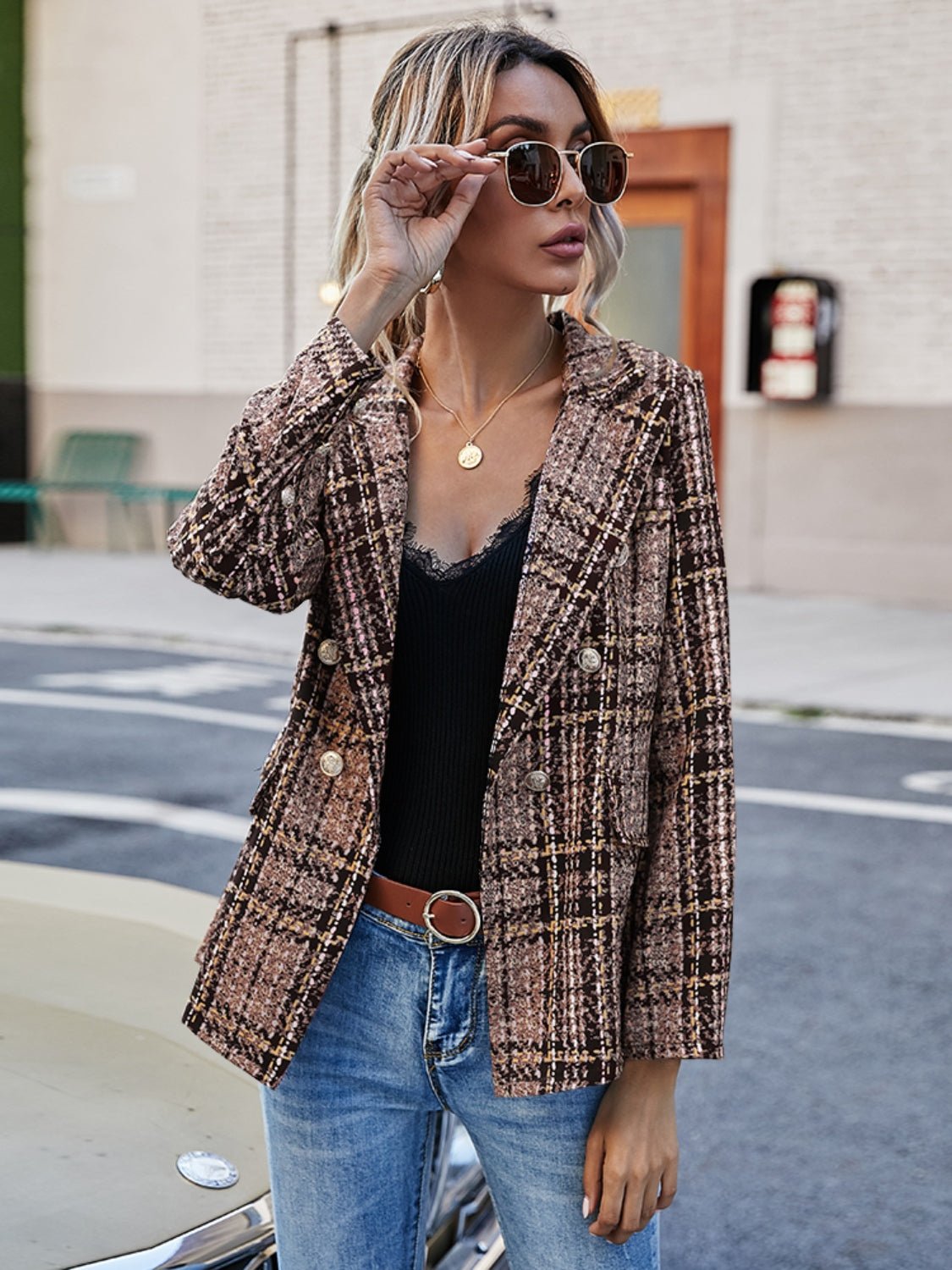 Plaid Lapel Collar Blazer - Dear Autumn