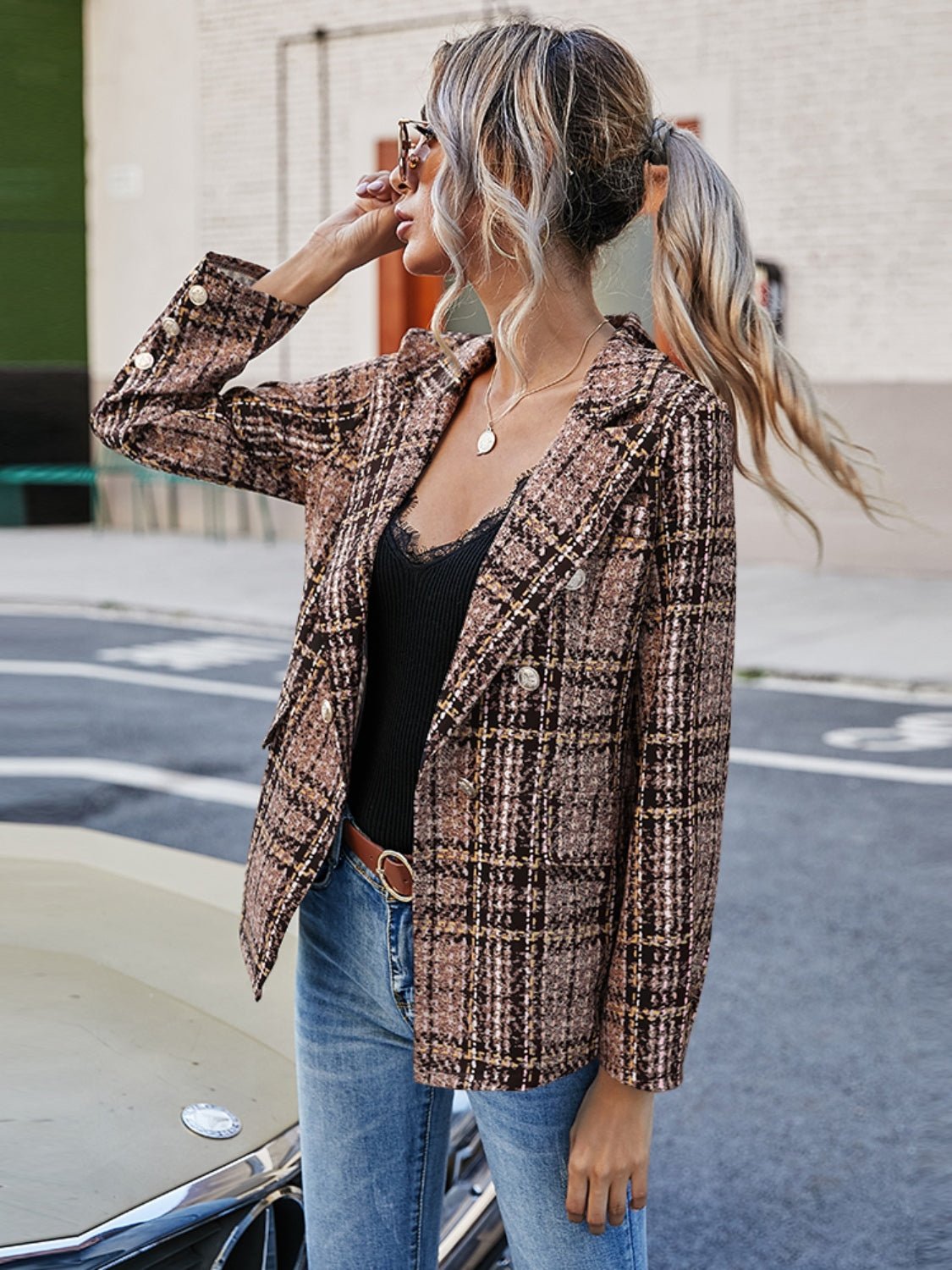 Plaid Lapel Collar Blazer - Dear Autumn