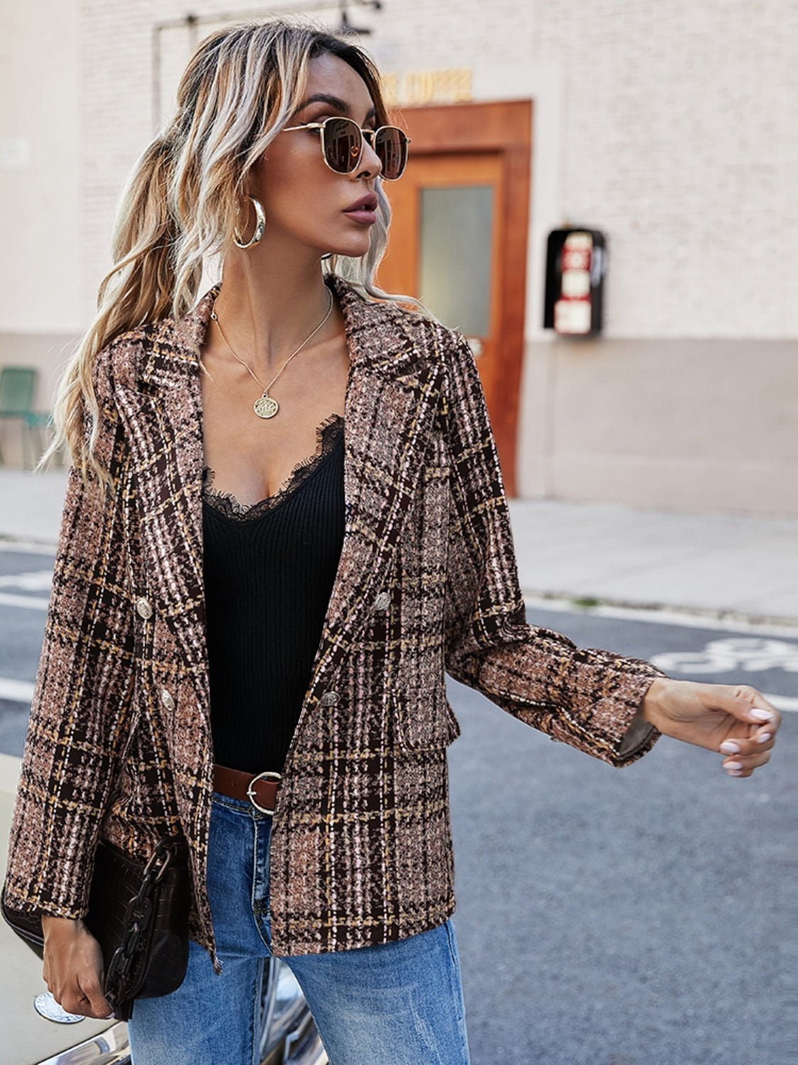 Plaid Lapel Collar Blazer - Dear Autumn