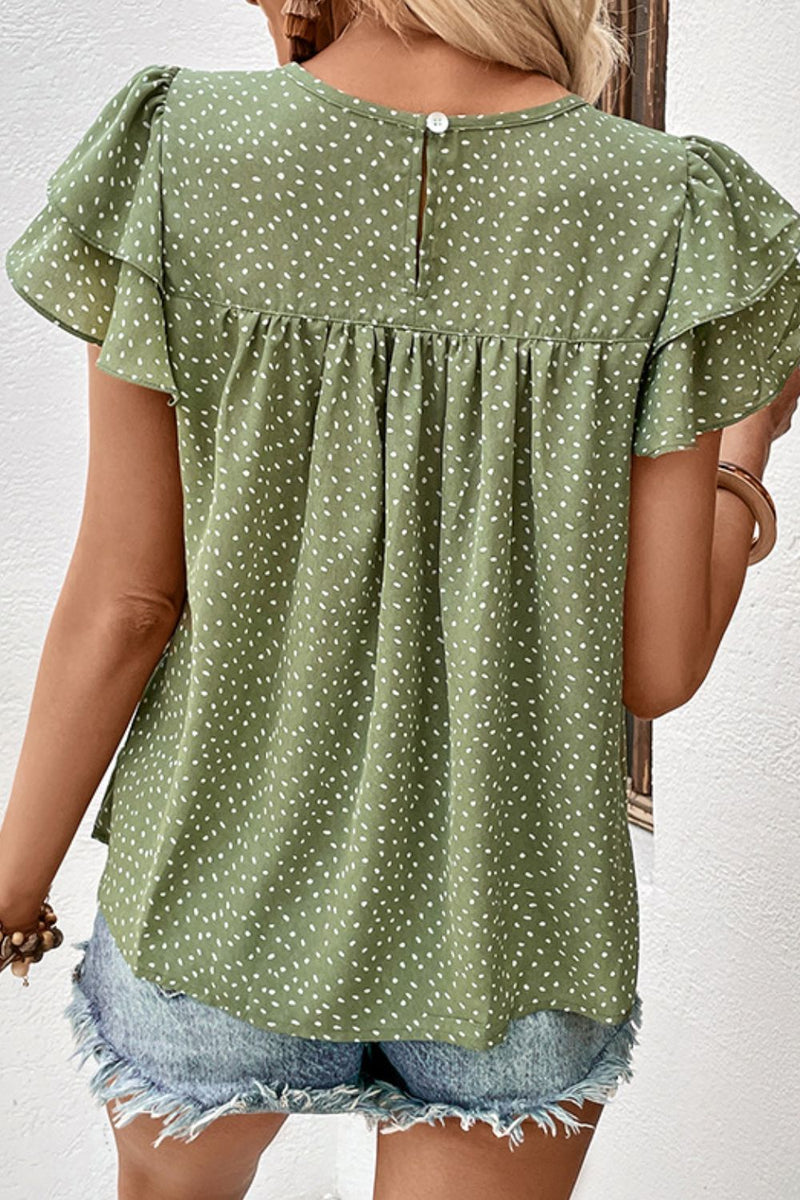 Printed Round Neck Puff Sleeve Blouse - Dear Autumn