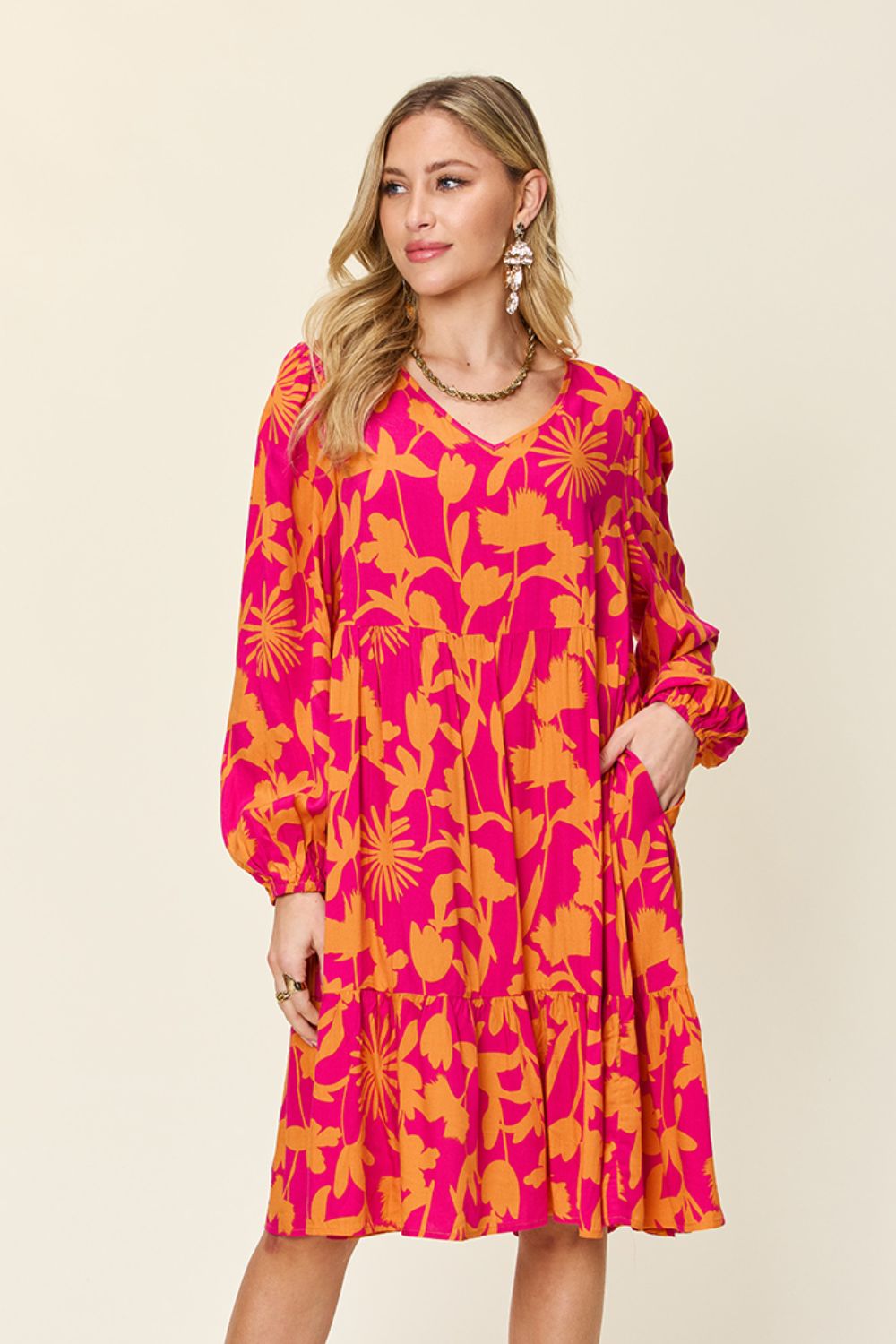 Printed Ruffle Hem Dress with Pocket - Dear Autumn