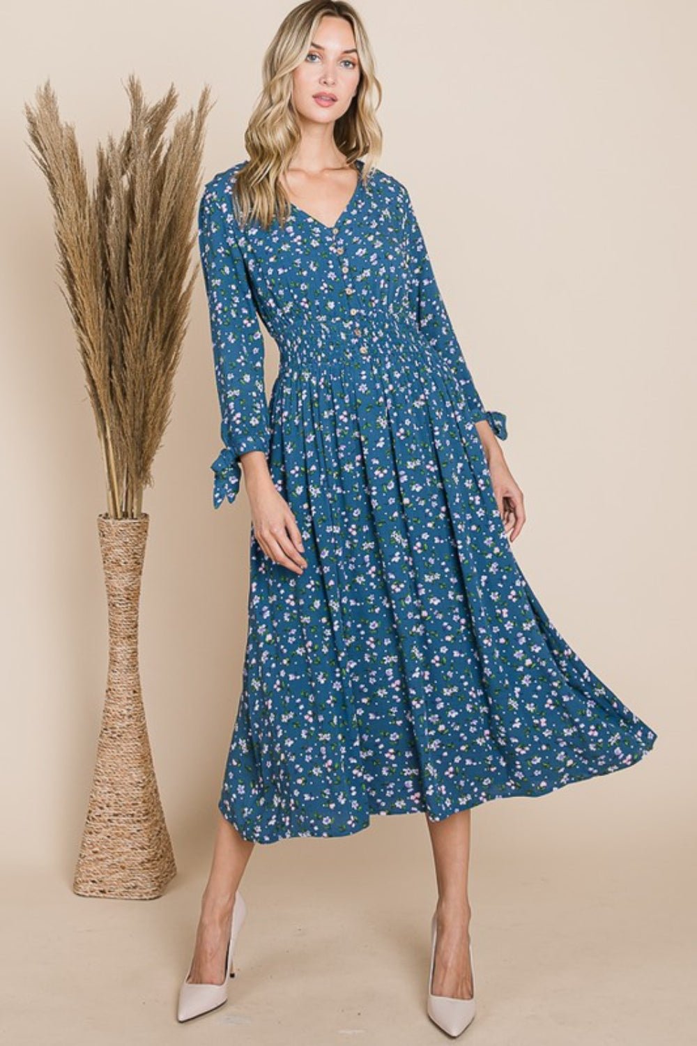 Reborn J Floral V - Neck Midi Dress - Dear Autumn