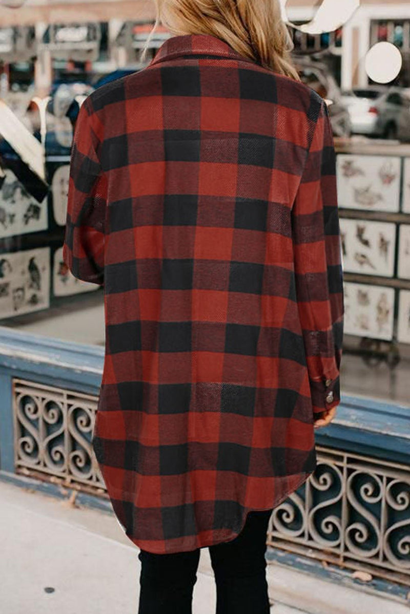 Red Plaid Collared Button Down Long Shirt Shacket - Dear Autumn