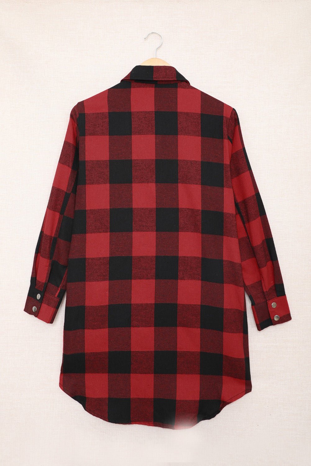 Red Plaid Collared Button Down Long Shirt Shacket - Dear Autumn