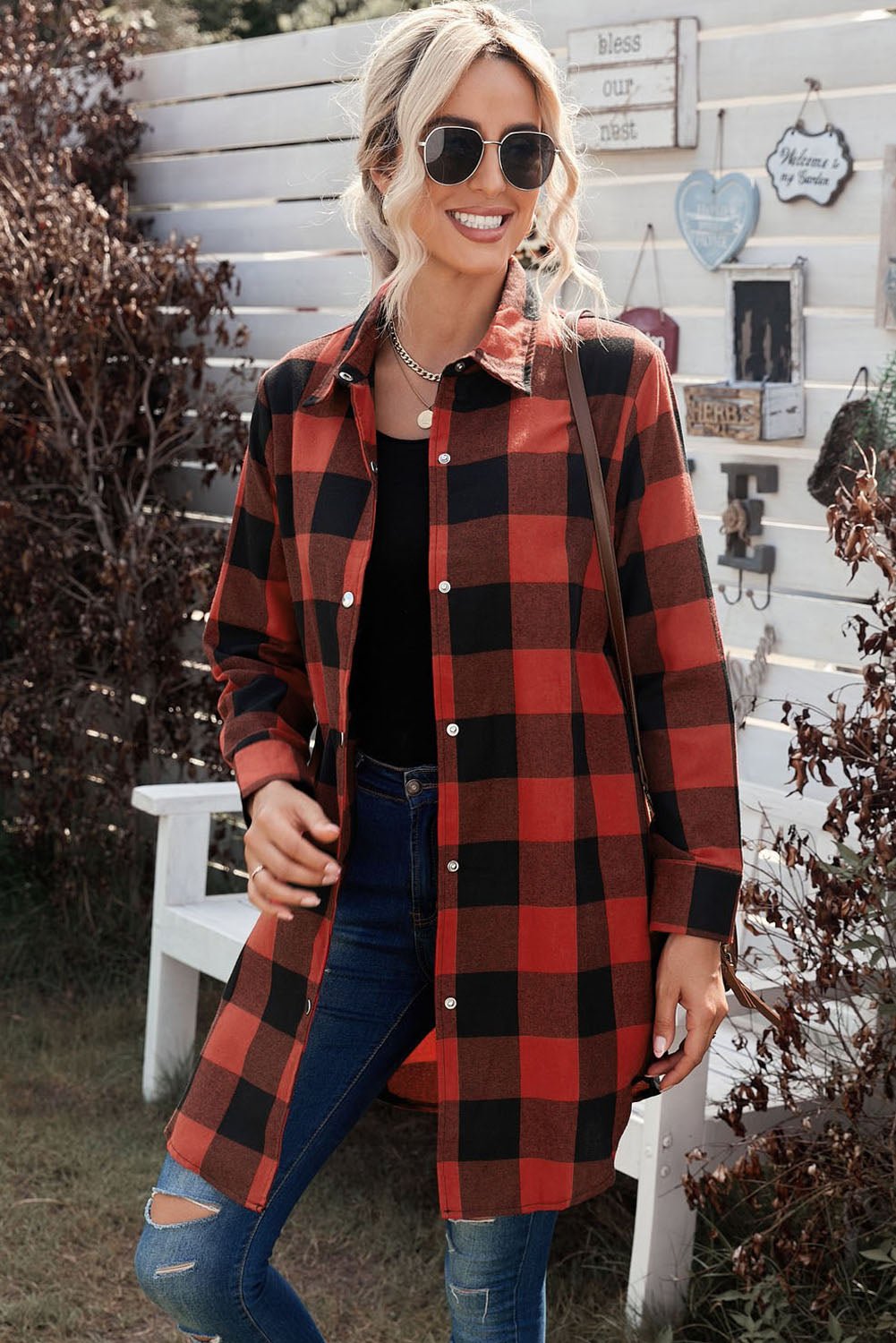 Red Plaid Collared Button Down Long Shirt Shacket - Dear Autumn