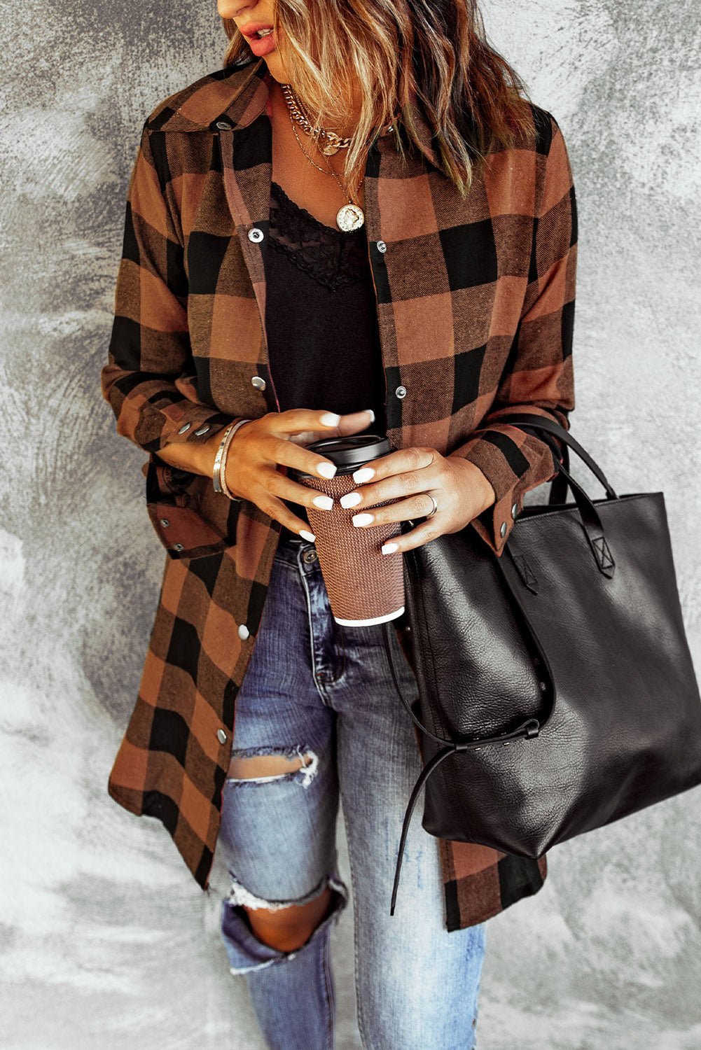 Red Plaid Collared Button Down Long Shirt Shacket - Dear Autumn