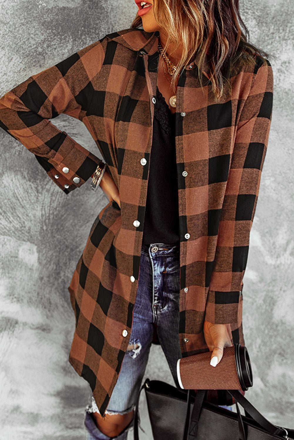 Red Plaid Collared Button Down Long Shirt Shacket - Dear Autumn