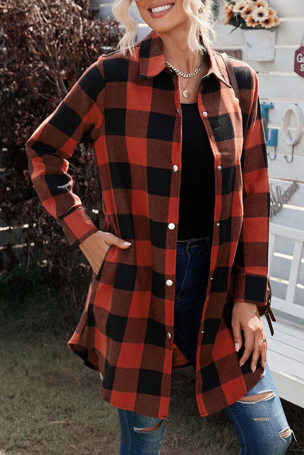 Red Plaid Collared Button Down Long Shirt Shacket - Dear Autumn