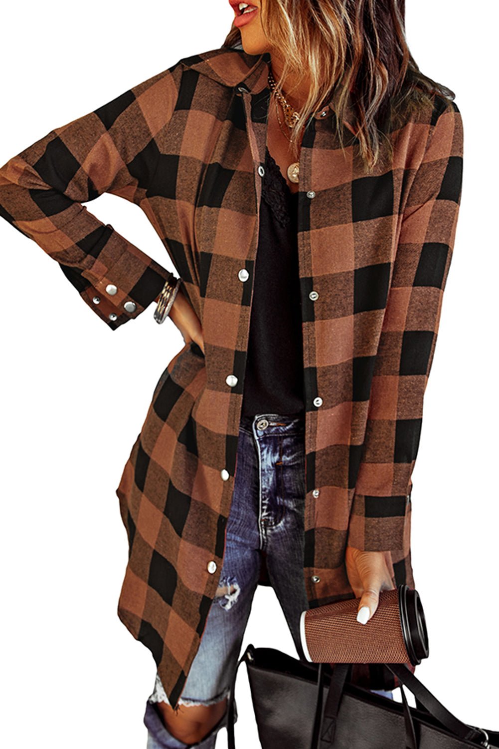 Red Plaid Collared Button Down Long Shirt Shacket - Dear Autumn