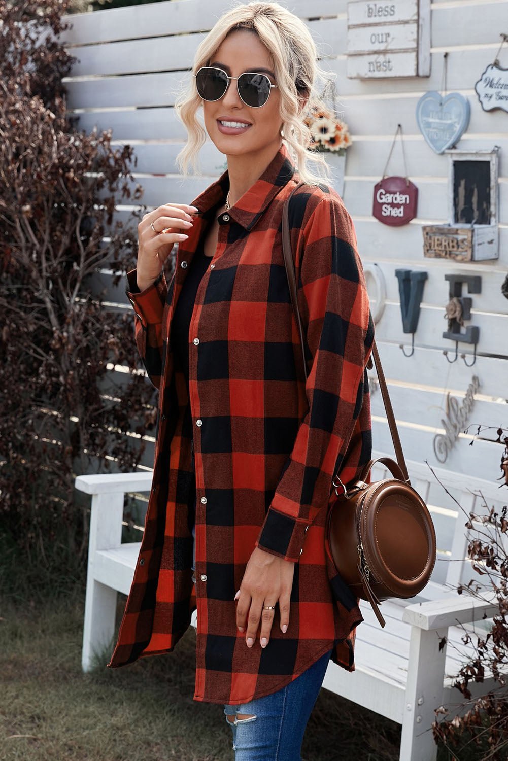 Red Plaid Collared Button Down Long Shirt Shacket - Dear Autumn