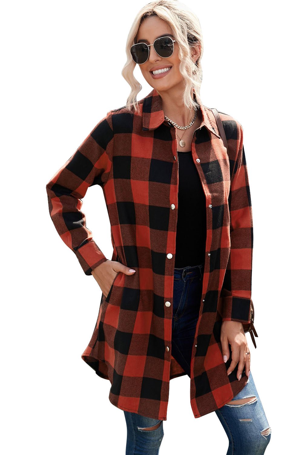 Red Plaid Collared Button Down Long Shirt Shacket - Dear Autumn