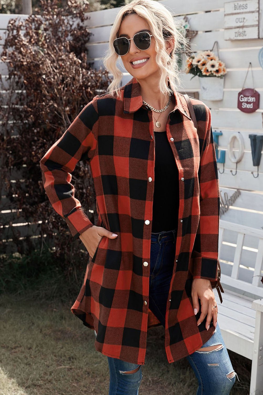 Red Plaid Collared Button Down Long Shirt Shacket - Dear Autumn