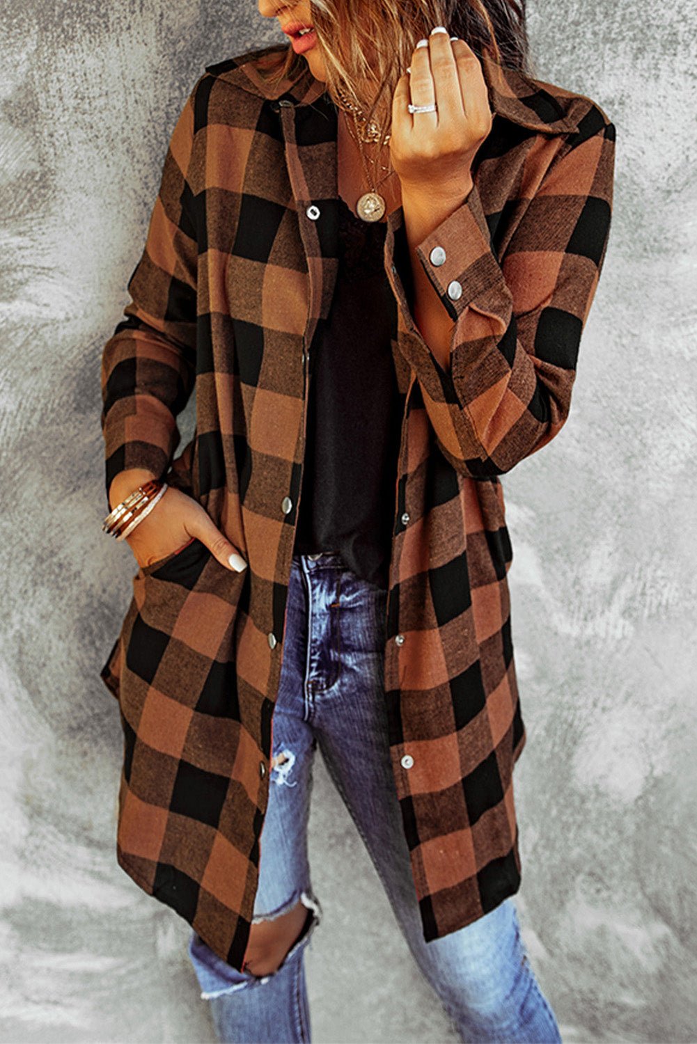 Red Plaid Collared Button Down Long Shirt Shacket - Dear Autumn