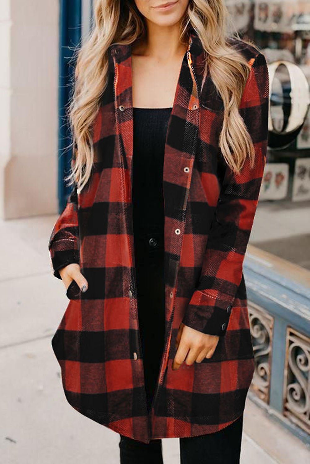 Red Plaid Collared Button Down Long Shirt Shacket - Dear Autumn