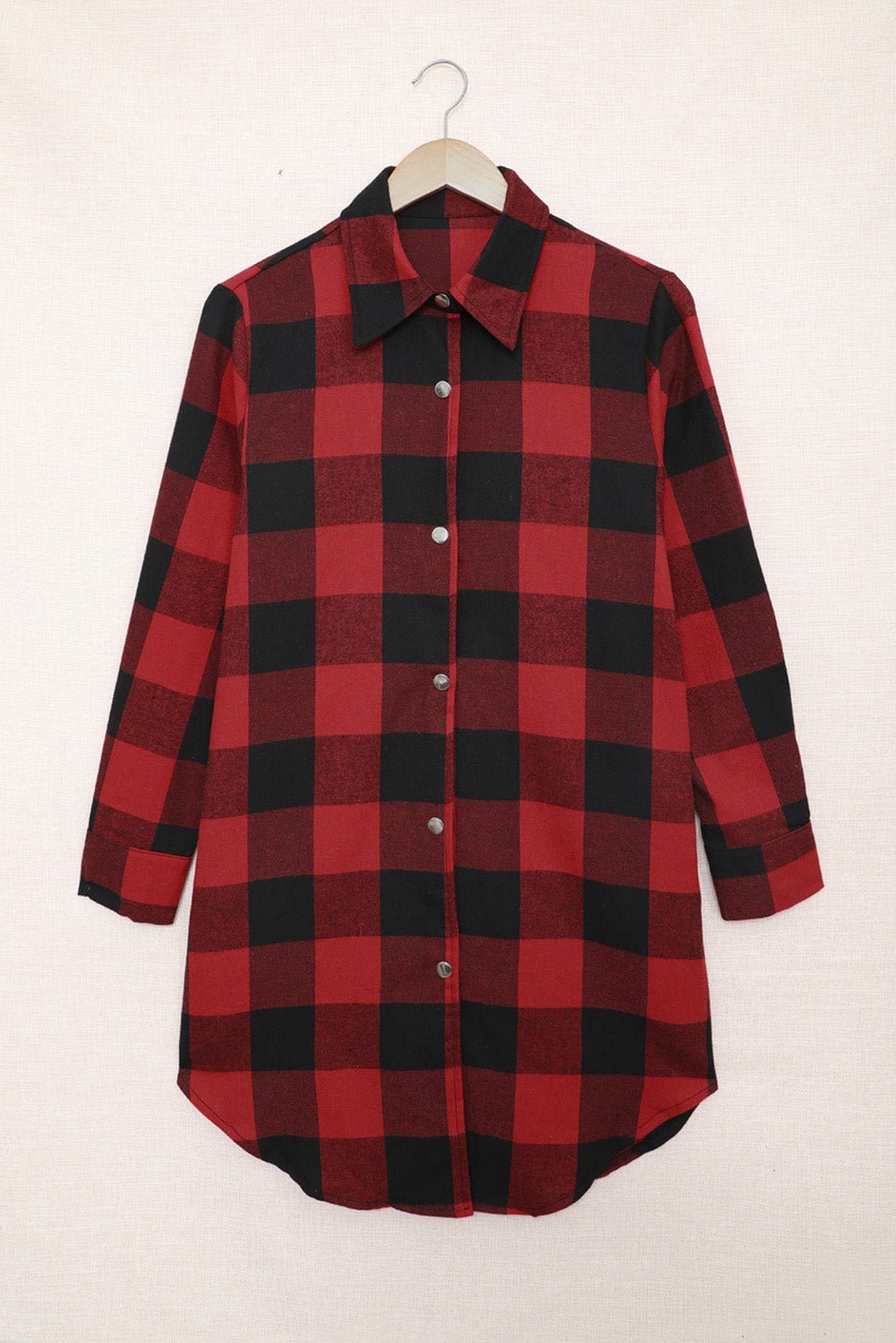 Red Plaid Collared Button Down Long Shirt Shacket - Dear Autumn