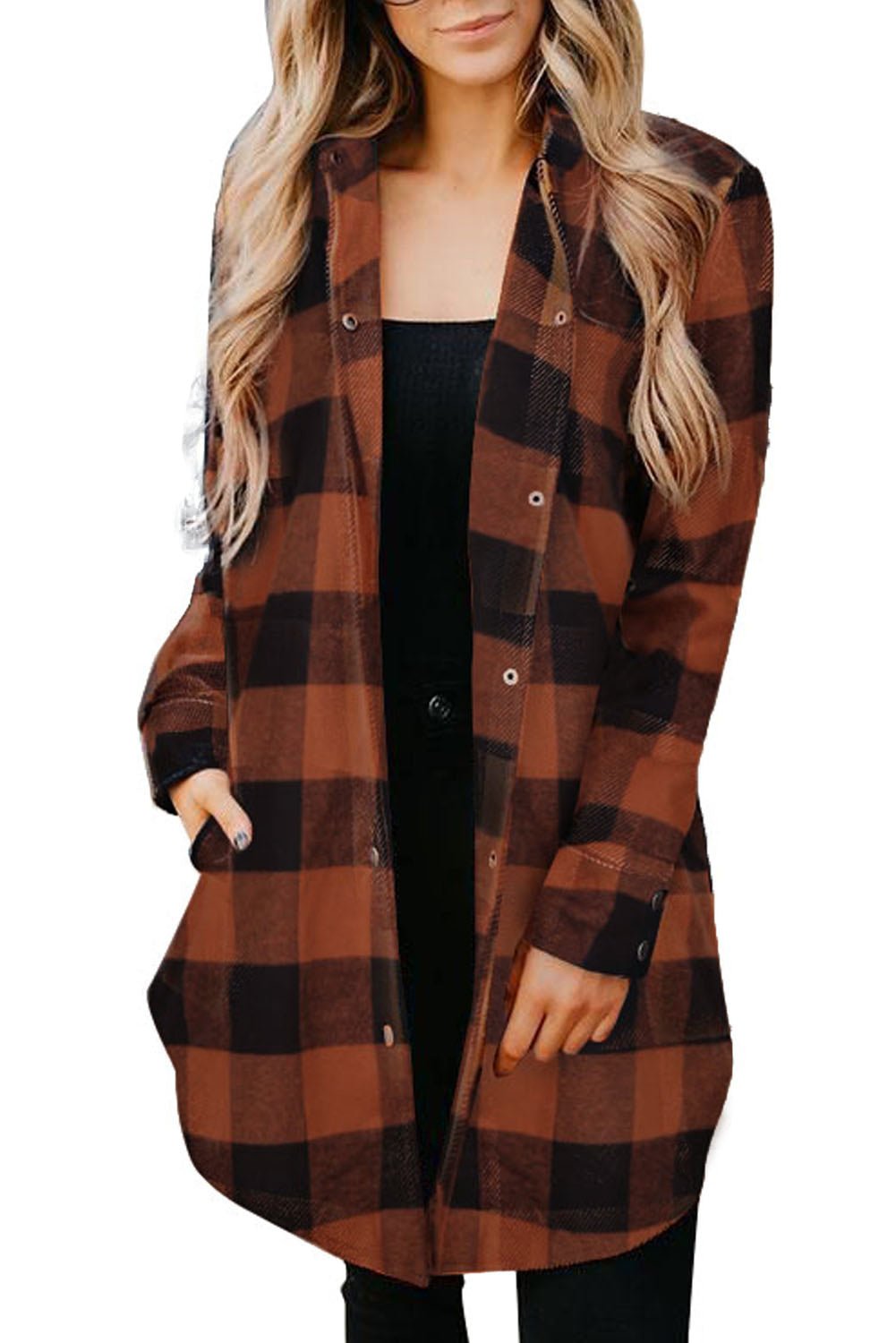 Red Plaid Collared Button Down Long Shirt Shacket - Dear Autumn