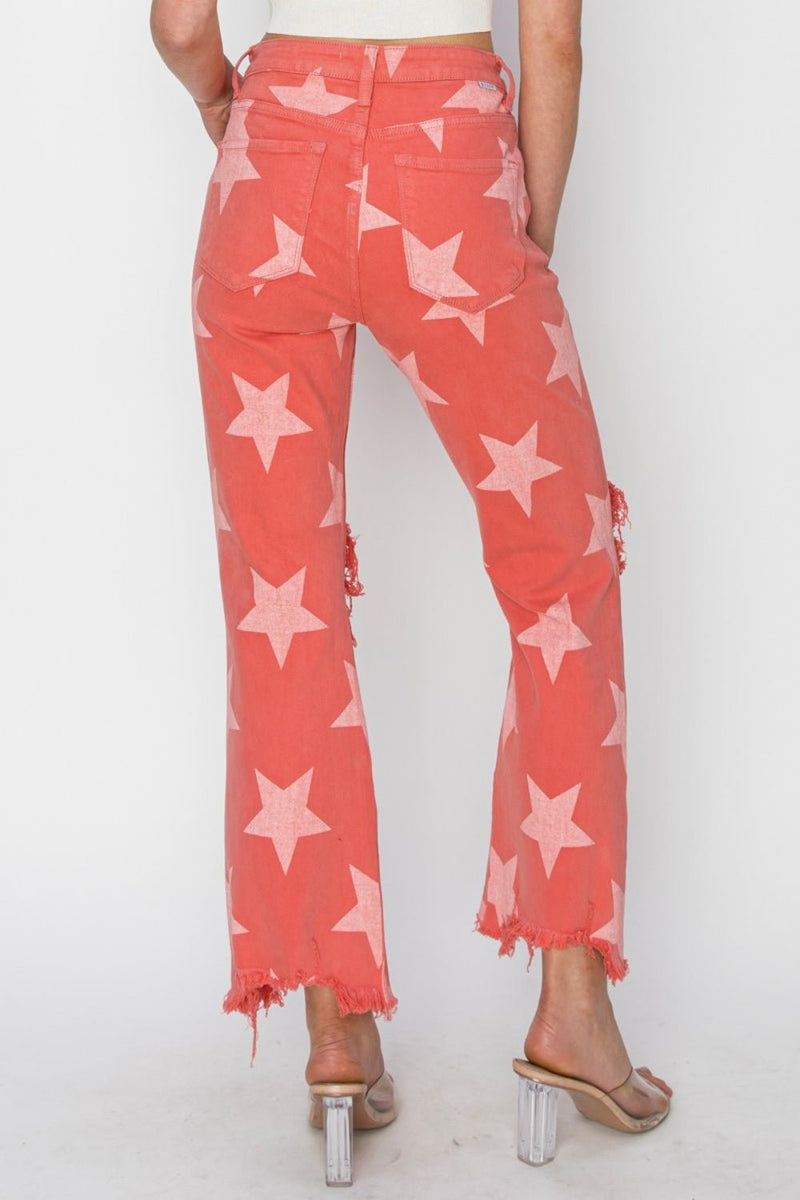 RISEN Distressed Raw Hem Star Pattern Jeans - Dear Autumn