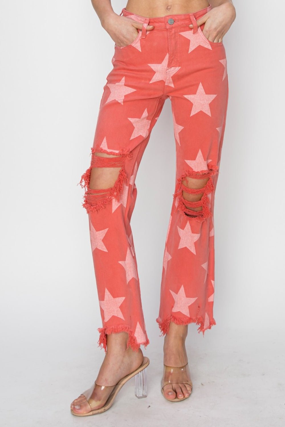 RISEN Distressed Raw Hem Star Pattern Jeans - Dear Autumn