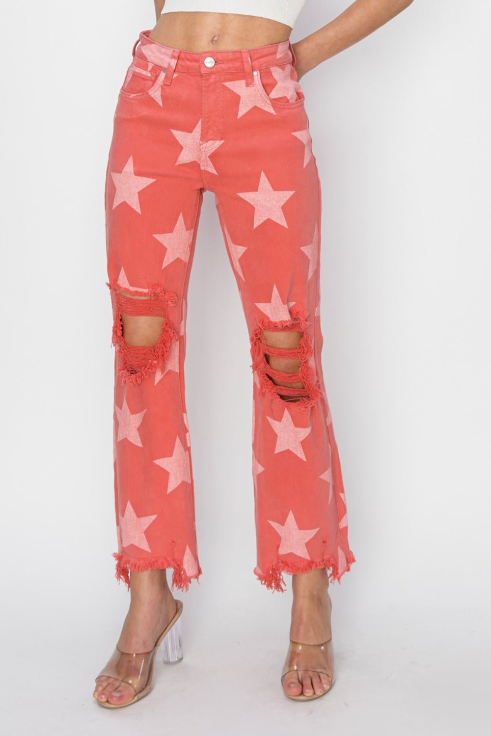 RISEN Distressed Raw Hem Star Pattern Jeans - Dear Autumn