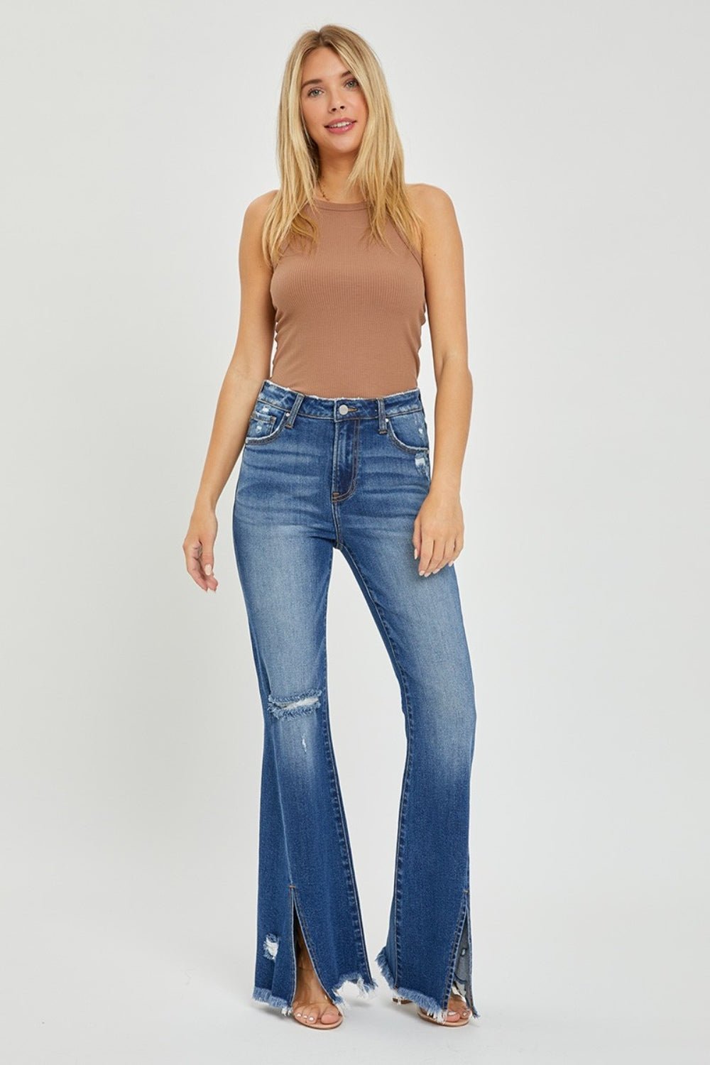 RISEN High Rise Front Slit Frayed Hem Flare Jeans - Dear Autumn