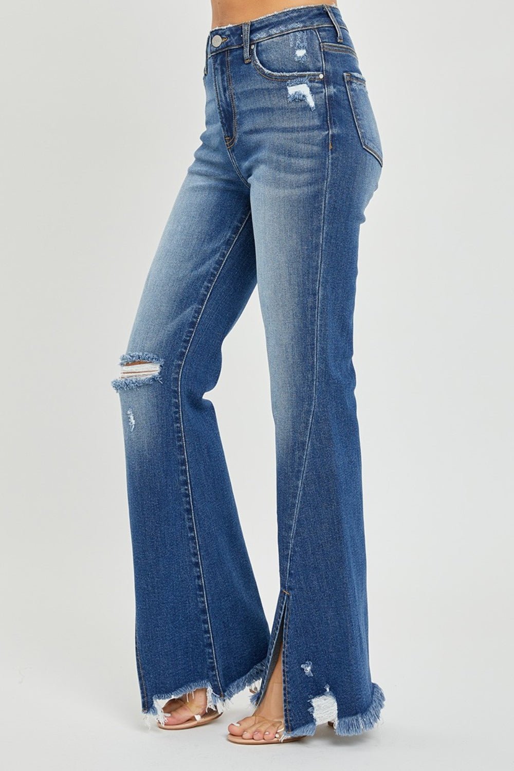 RISEN High Rise Front Slit Frayed Hem Flare Jeans - Dear Autumn