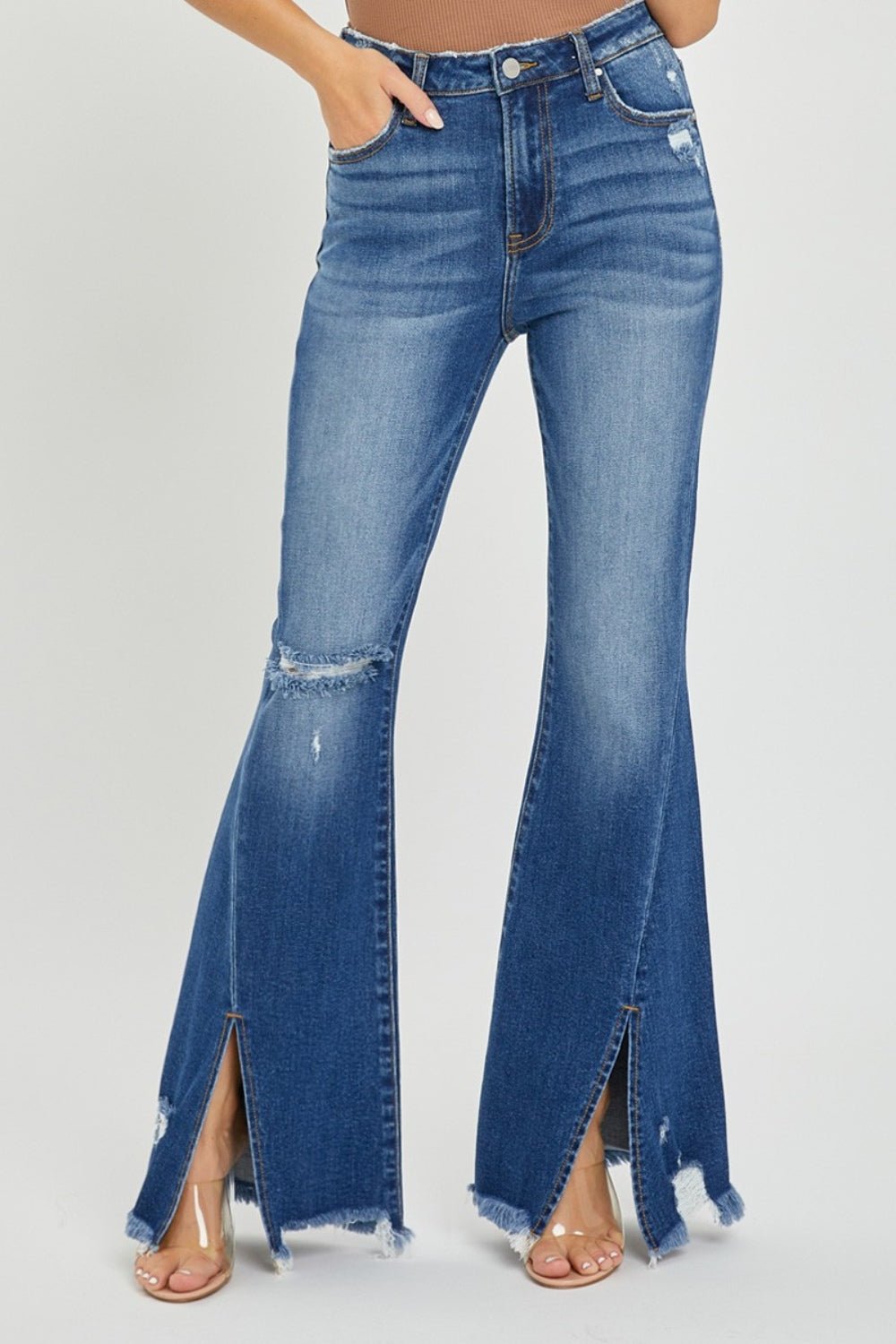 RISEN High Rise Front Slit Frayed Hem Flare Jeans - Dear Autumn