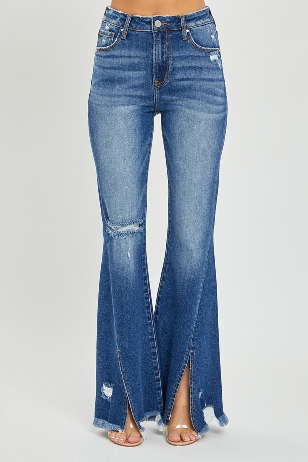 RISEN High Rise Front Slit Frayed Hem Flare Jeans - Dear Autumn