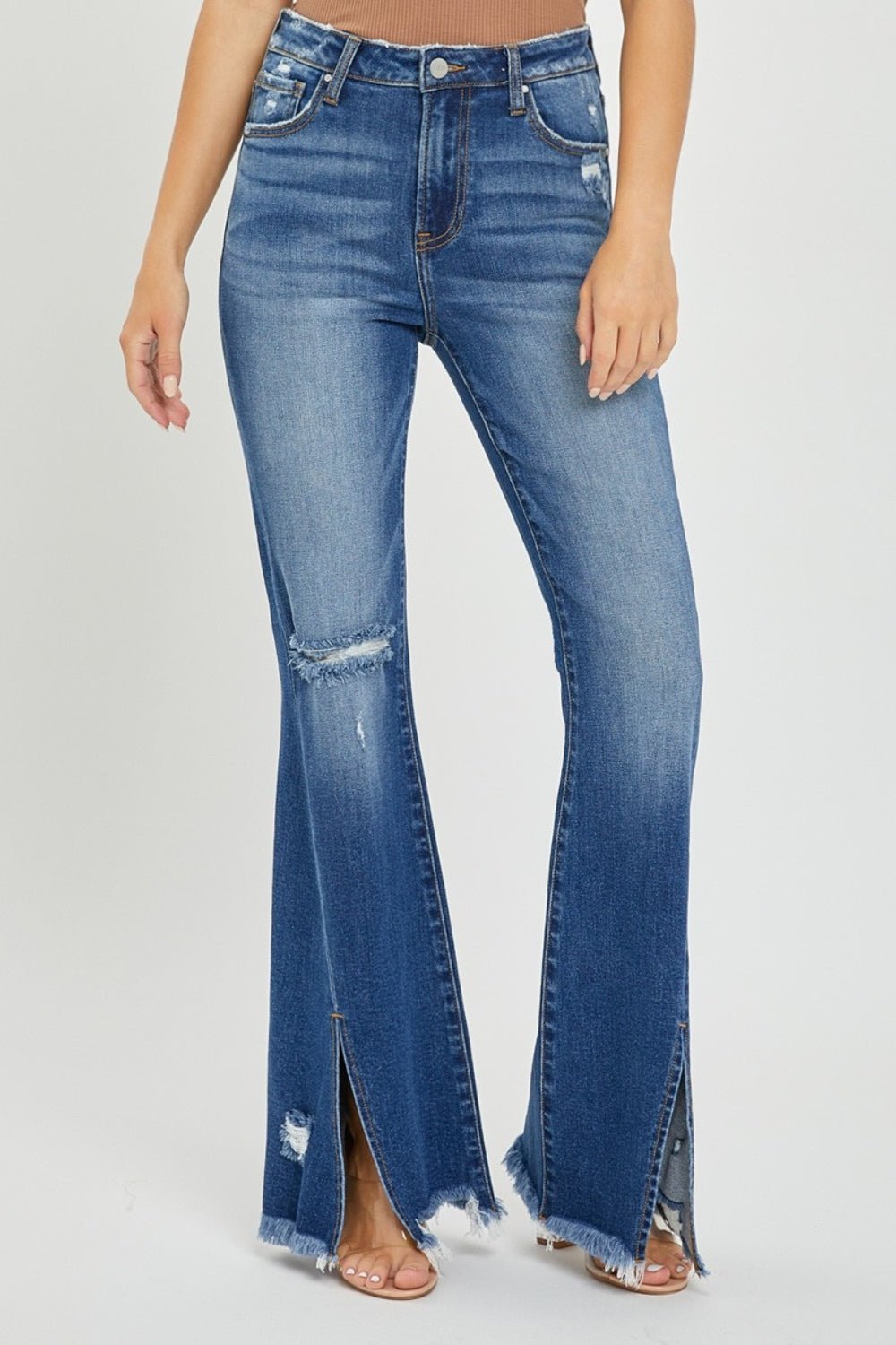 RISEN High Rise Front Slit Frayed Hem Flare Jeans - Dear Autumn