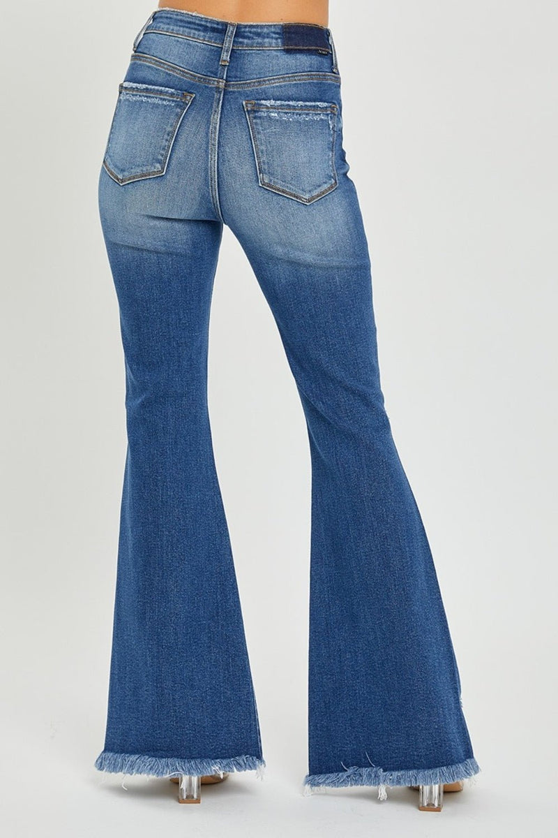 RISEN High Rise Front Slit Frayed Hem Flare Jeans - Dear Autumn