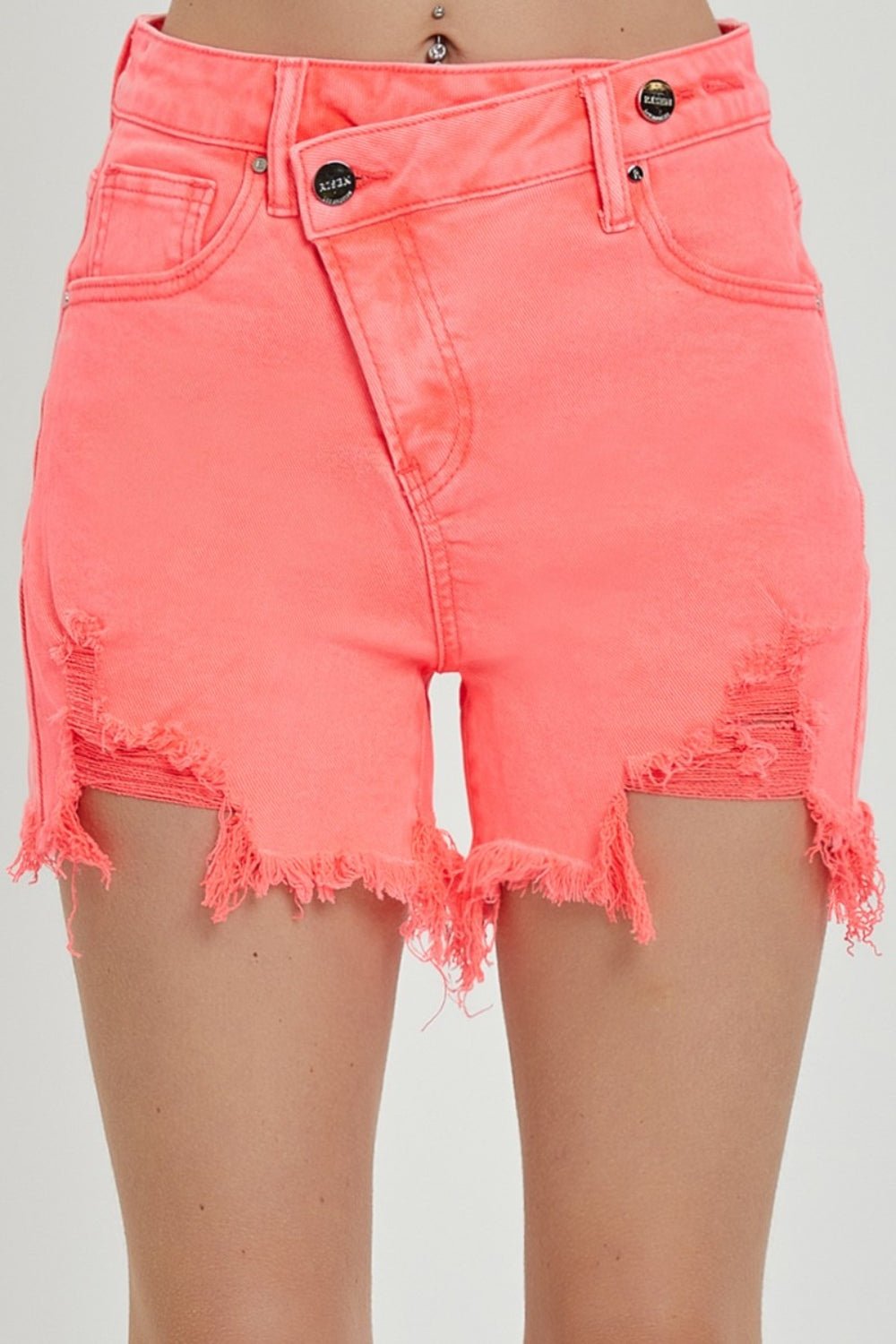 RISEN Raw Hem Asymmetrical Waist Denim Shorts - Dear Autumn