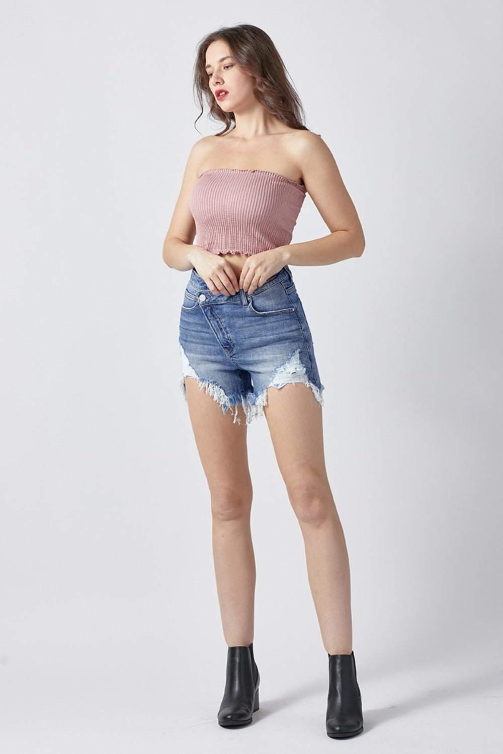 RISEN Raw Hem Asymmetrical Waist Denim Shorts - Dear Autumn