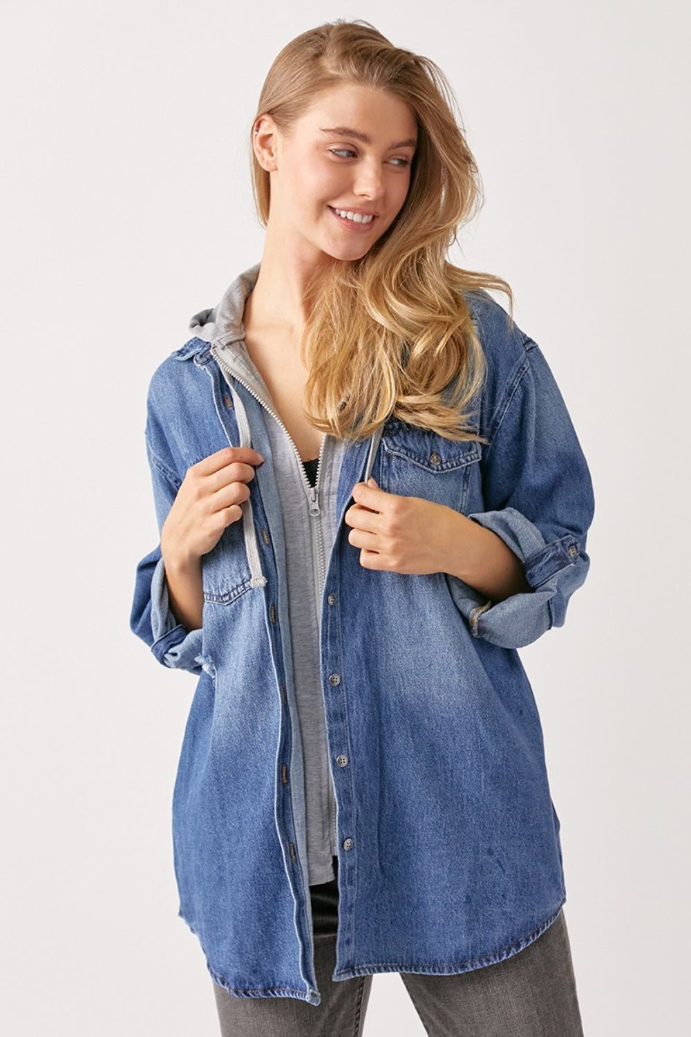 RISEN Zip Up Hooded Denim Shirt - Dear Autumn