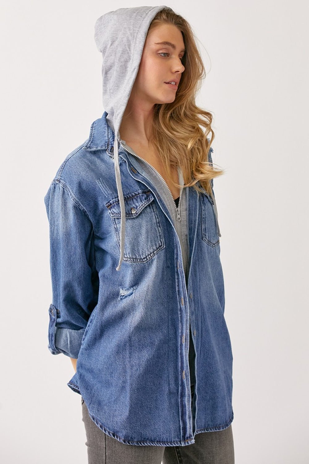 RISEN Zip Up Hooded Denim Shirt - Dear Autumn