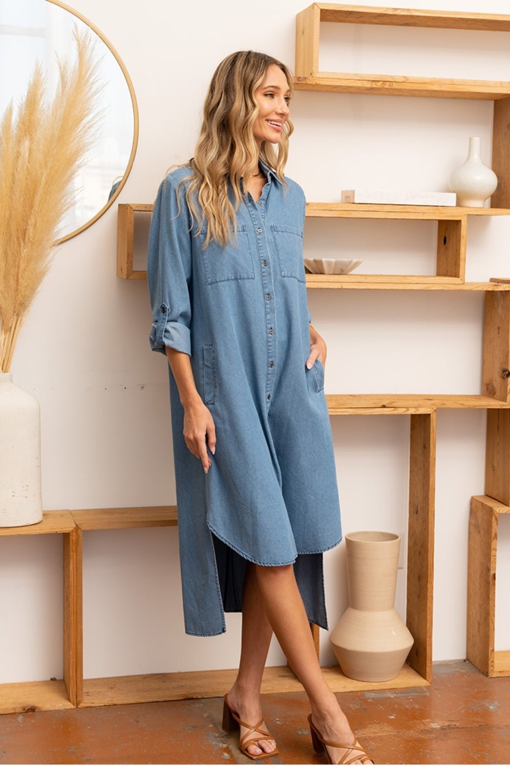 Sew In Love High - Low Button Up Roll - Tab Sleeve Denim Dress - Dear Autumn