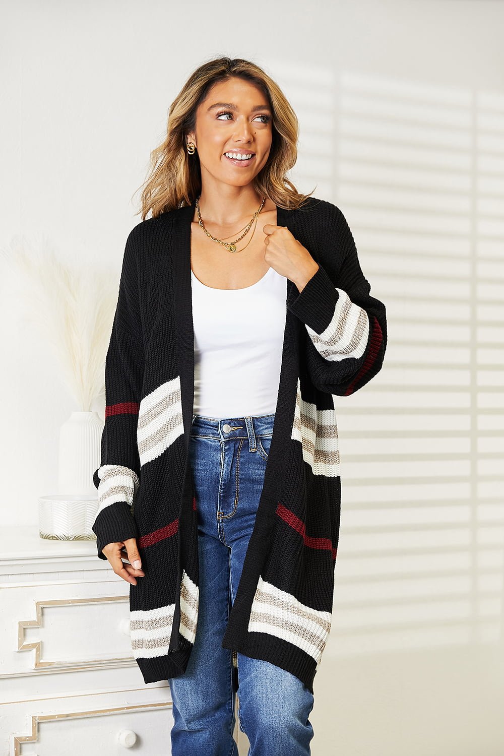 Striped Rib - Knit Drop Shoulder Open Front Cardigan - Dear Autumn