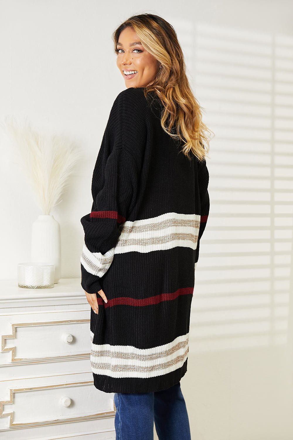 Striped Rib - Knit Drop Shoulder Open Front Cardigan - Dear Autumn