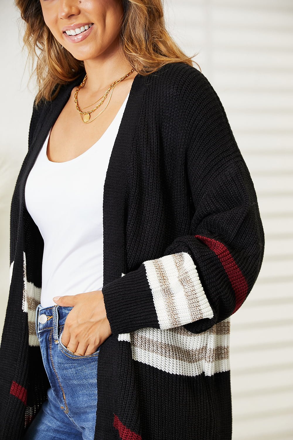 Striped Rib - Knit Drop Shoulder Open Front Cardigan - Dear Autumn