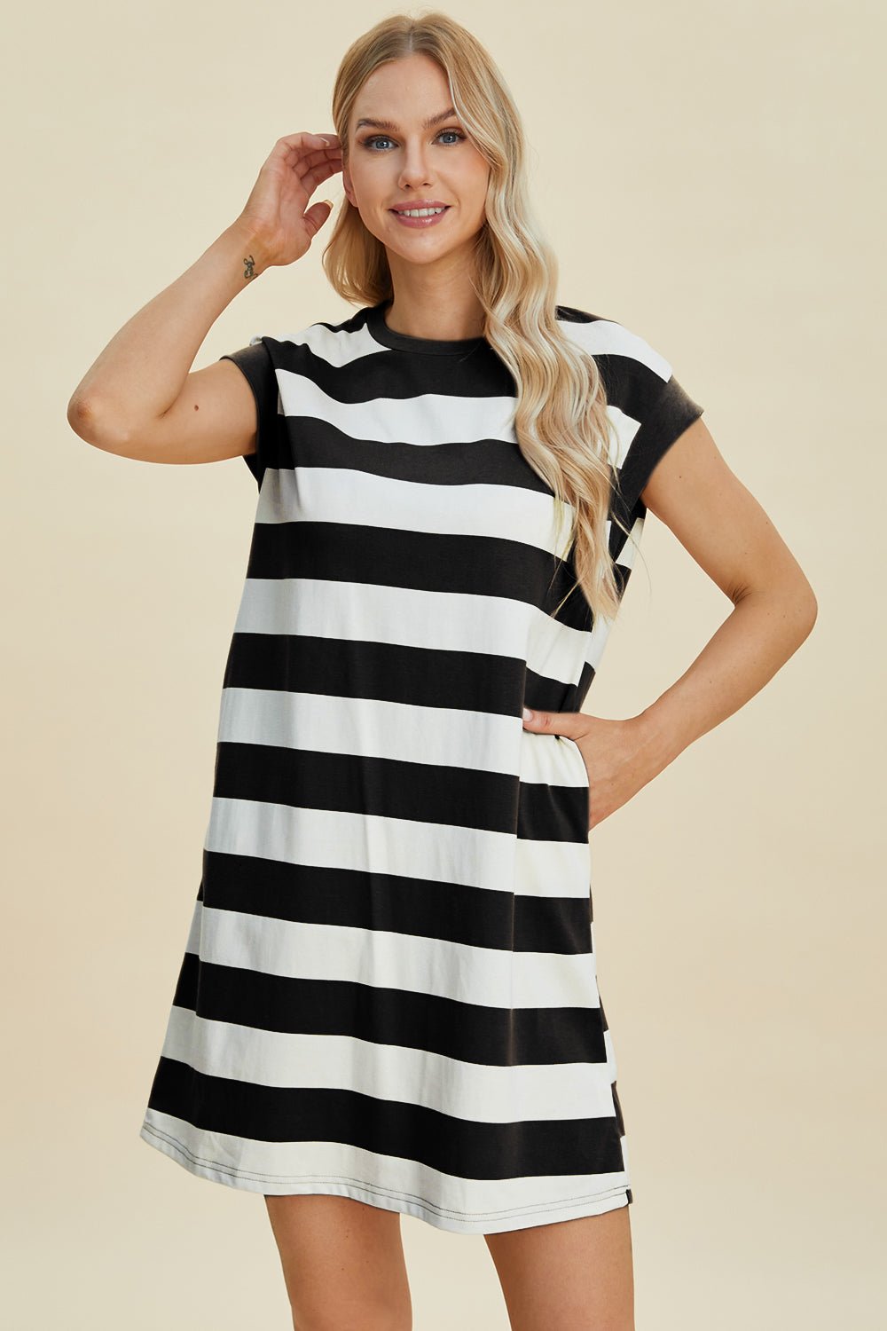 Striped Round Neck Cap Sleeve Mini Dress - Dear Autumn