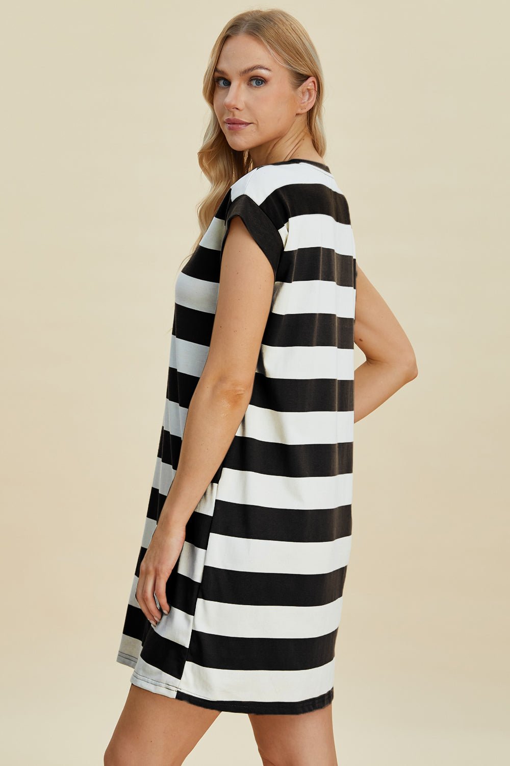 Striped Round Neck Cap Sleeve Mini Dress - Dear Autumn