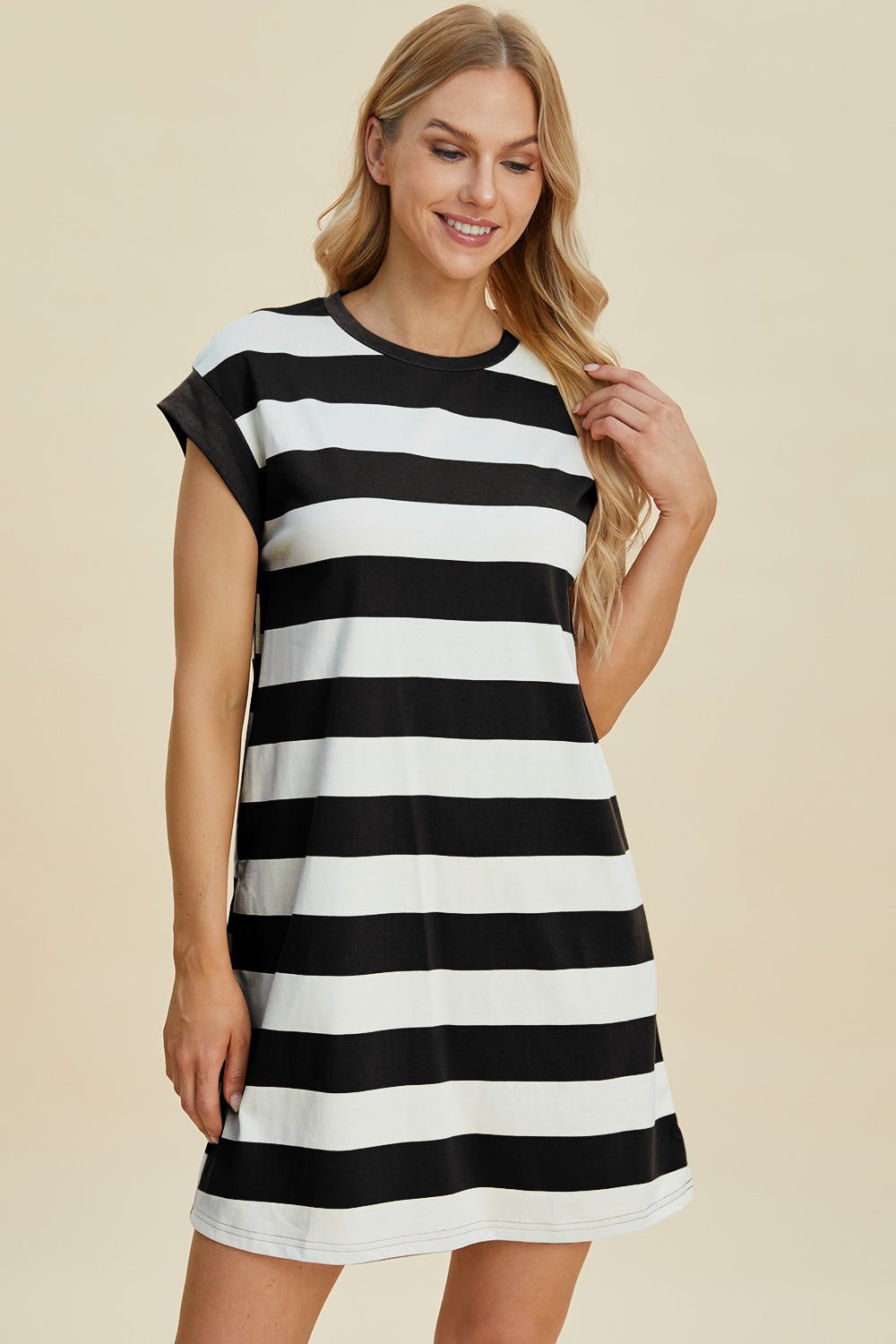 Striped Round Neck Cap Sleeve Mini Dress - Dear Autumn