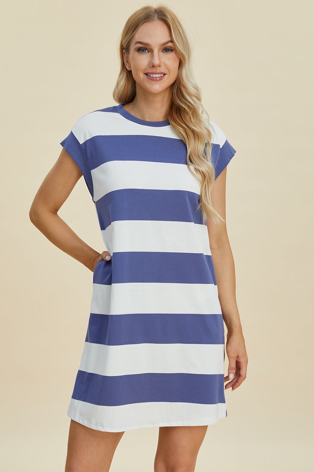 Striped Round Neck Cap Sleeve Mini Dress - Dear Autumn