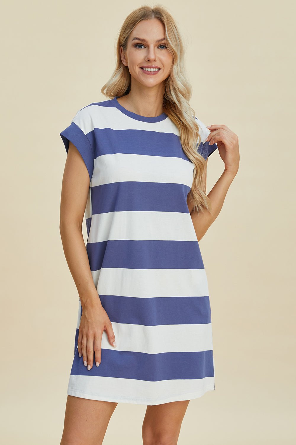 Striped Round Neck Cap Sleeve Mini Dress - Dear Autumn