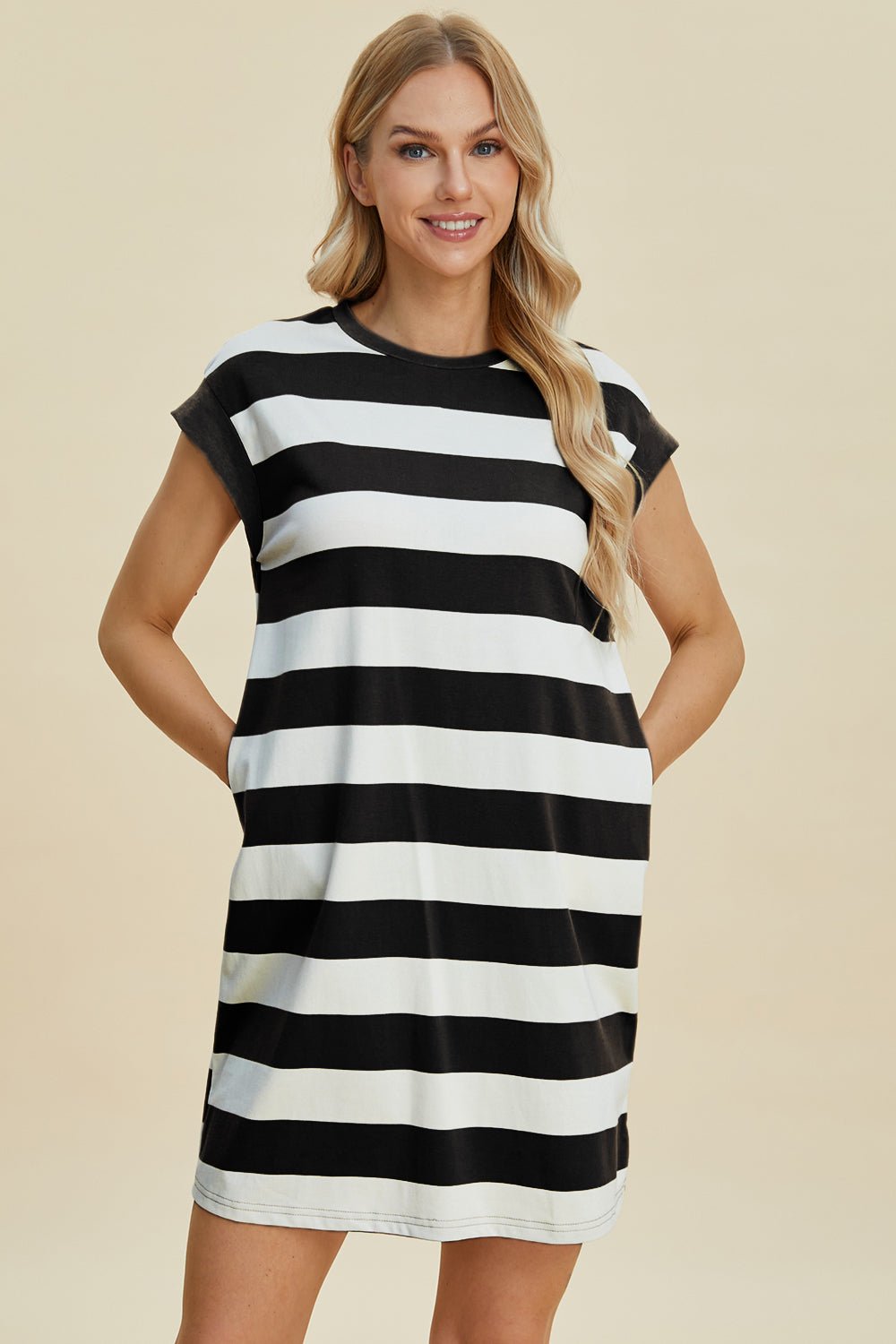 Striped Round Neck Cap Sleeve Mini Dress - Dear Autumn