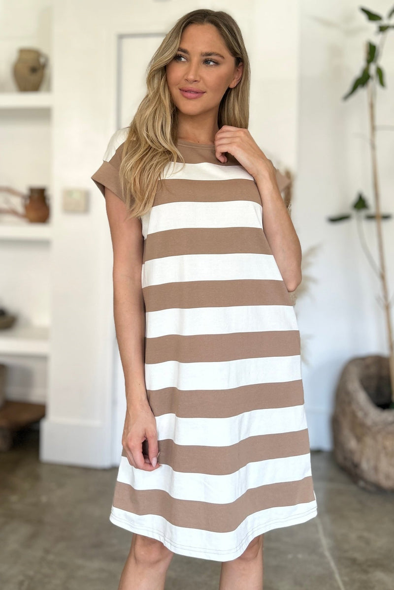 Striped Round Neck Cap Sleeve Mini Dress - Dear Autumn