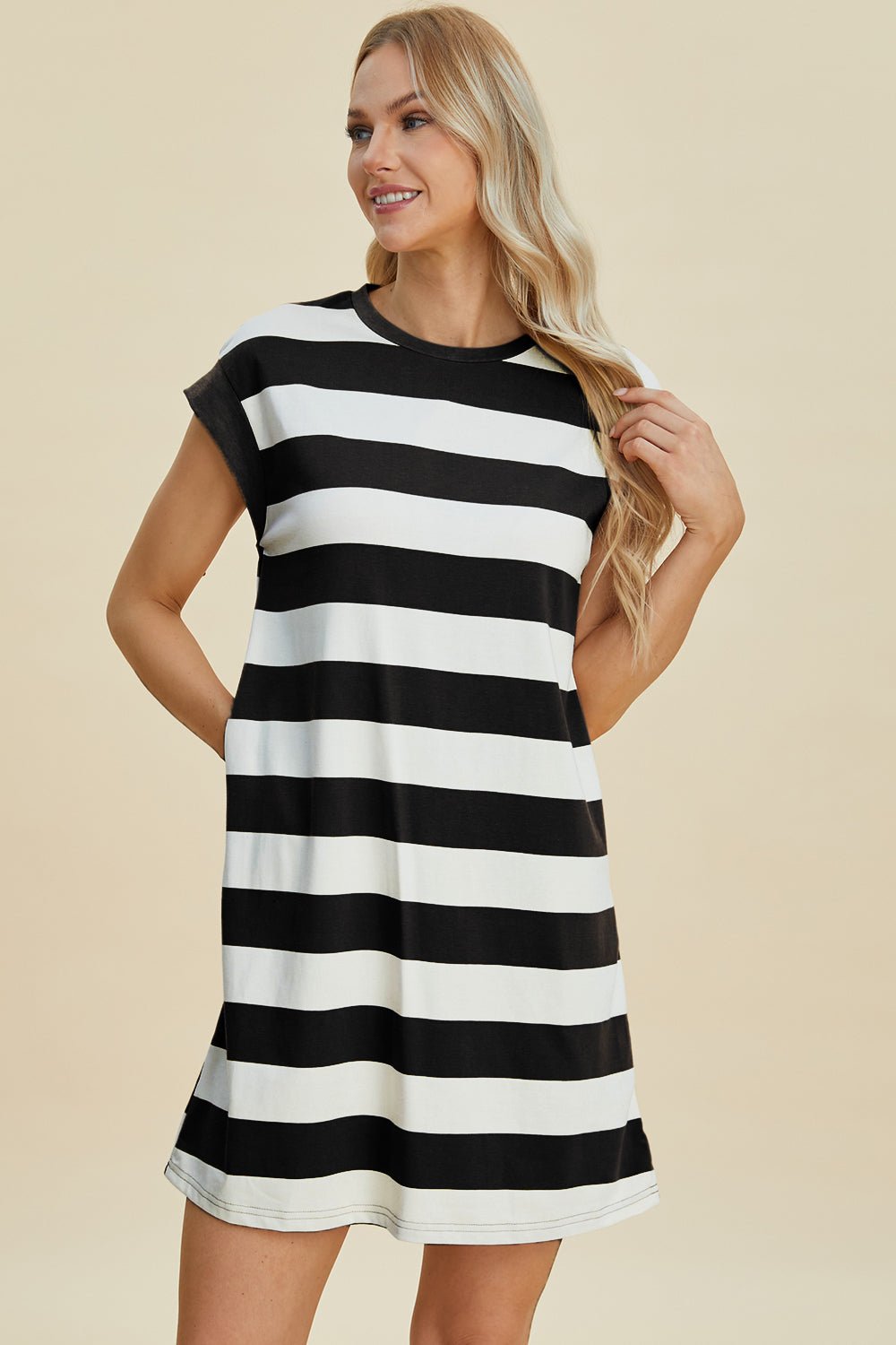 Striped Round Neck Cap Sleeve Mini Dress - Dear Autumn